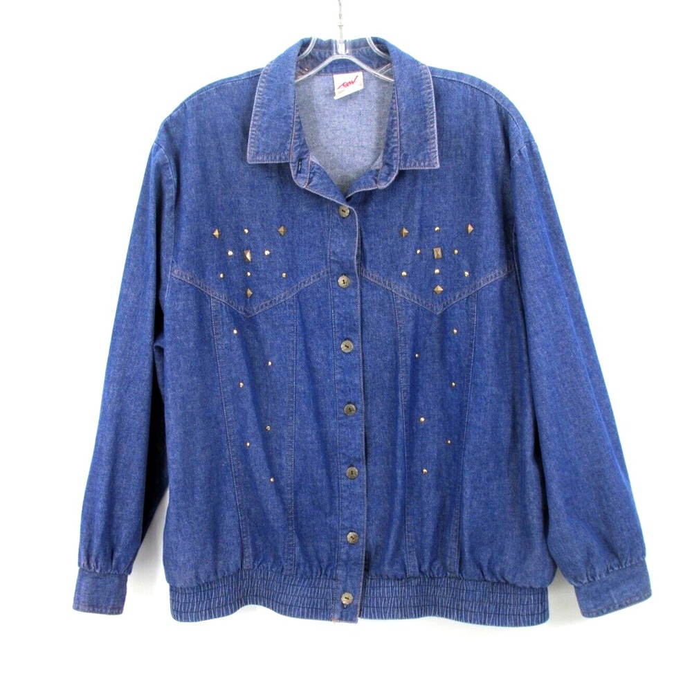 Vintage GRAFF Denim Bomber Jacket Womens Large Blue Studded Made in USA 90s